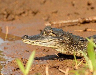Fototapeta premium Young crocodile in muddy bank