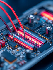 Close-up of Smartphone battery with cables connected to the main circuit board