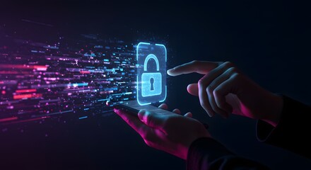 Digital security concept: Finger touching a glowing padlock icon on a smartphone screen