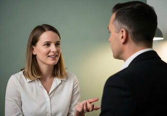Engaged woman in white blouse smiles and gestures while talking to man in suit
