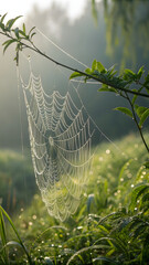Dew-Covered Spider Web in Misty Morning Landscape with Soft Light and Natural Detail
