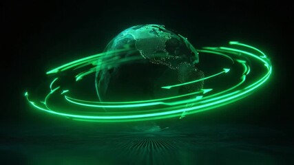 Futuristic digital planet Earth spinning on its axis, surrounded by glowing green neon arrows indicating global connection, communication, and networking concepts on a dark technological background - Powered by Adobe