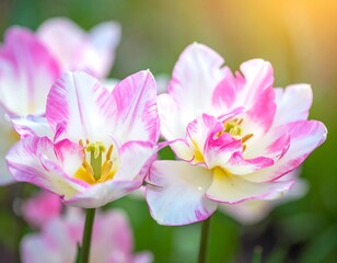 Fototapeta premium Close-up of two beautiful pink and white tulips