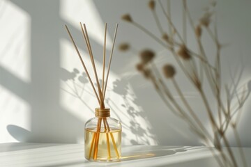 Fototapeta premium Aromatic reed air freshener with essential oil in glass bottle on white table with sunlight and shadow