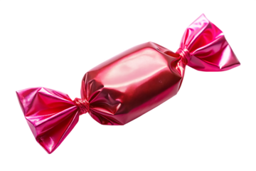 Shiny pink candy wrapper tied with bows isolated on a transparent background metallic