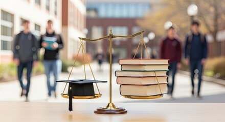 A golden scale with a graduation cap and a stack of books on it, standing on a wooden table in front of a blurred background