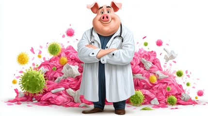 Cartoon pig doctor stands in front of a pile of trash. The pile is covered in pink and green, and the doctor is wearing a white lab coat. The scene is meant to be humorous and lighthearted