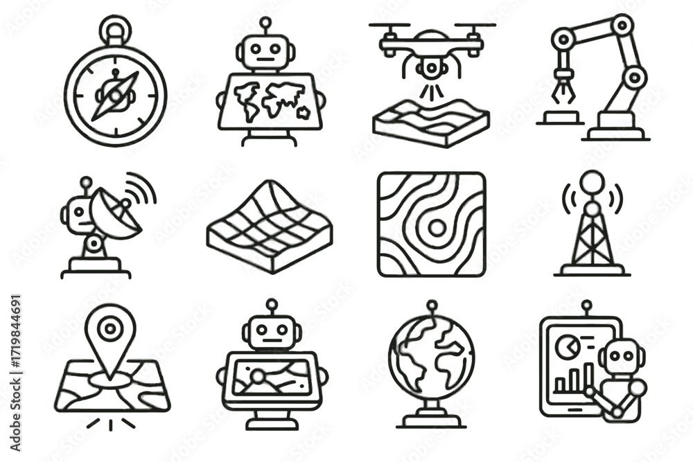 Poster grid vector ai console robotic elevation pin survey icon globe holographic icons
