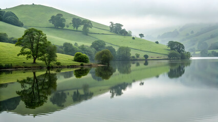 Obraz premium Tranquil lake reflection of green hills and trees