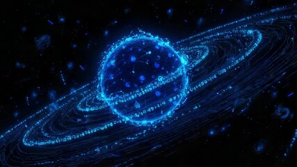 Futuristic planet made of glowing blue data and a plexus network slowly rotating in space. Its rings are formed by streams of binary code, representing concepts like big data and global networks - Powered by Adobe