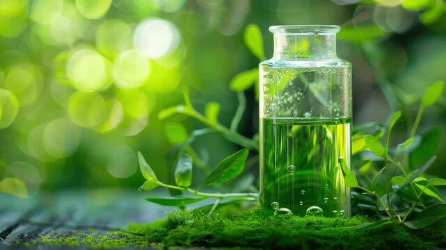 Green potion in glass bottle surrounded by lush leaves and moss, evoking natural organic vibes
