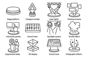 Vector sound holographic icons floating effect hologram stage smoke interactive icon spotlight