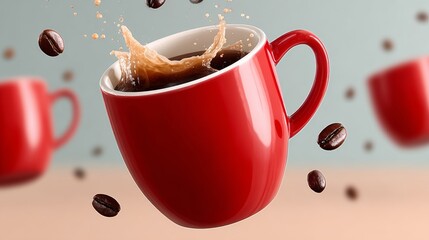 Red coffee cup with coffee splashing out of it. The cup is surrounded by coffee grounds