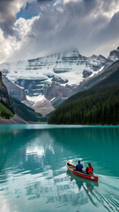 Turquoise Mountain Lake with Red Canoe and Snow-Capped Peaks Surrounded by Evergreen Forest