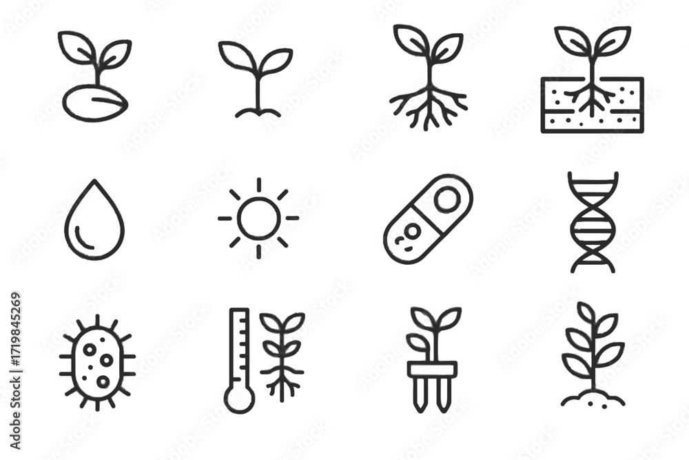 Poster seed root meter system capsule plant seedling vector bio strand sensor icon