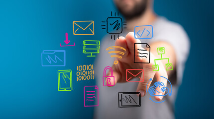 Hand interacting with colorful digital icons,data, network, technology, communication, security.