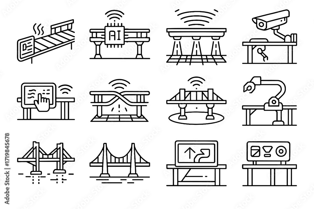 Poster icon interactive interface system smart virtual automated suspension vector bridge icons connected