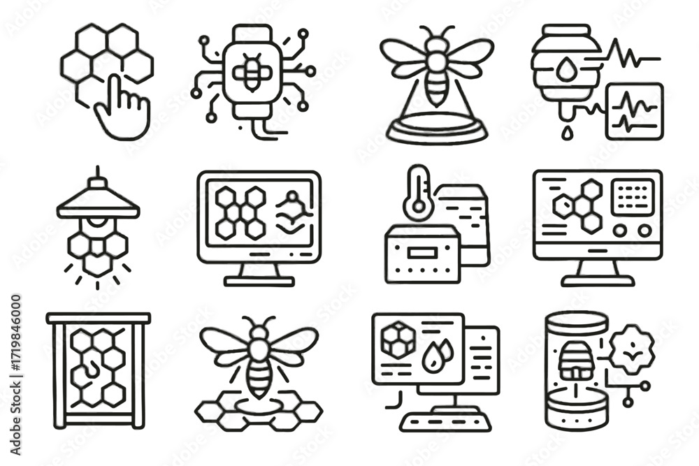 Poster panel monitoring icon display icons environmental colony futuristic vector bee interactive flow