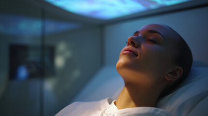 Woman relaxing in immersive light therapy room.
