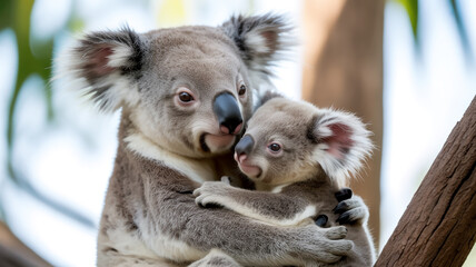 Naklejka premium Closeup of a mother koala carrying her baby on her back while sitting on a tree branch in a natural environment
