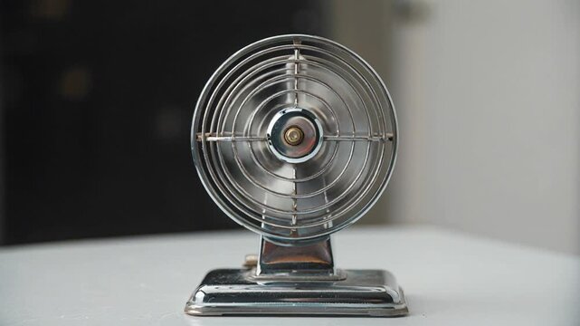 Vintage chrome desk fan with circular grille and square base Keywords: fan, vintage, retro