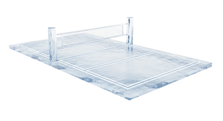 A miniature ice volleyball court with net and boundary lines, isolated a transparent, representing a cool sport concept