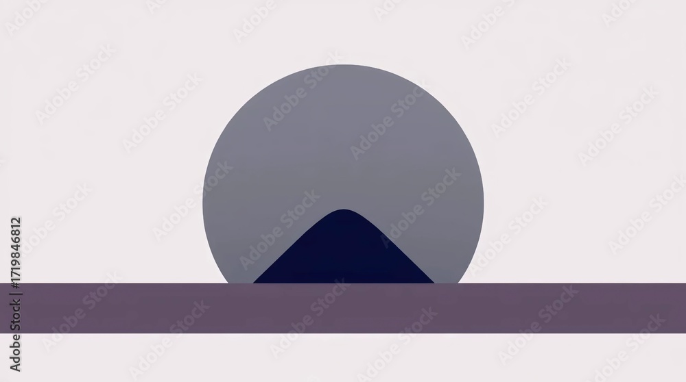 Poster minimal mountain silhouette with large circular sun shape rising behind in a flat abstract composition