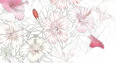 Obraz premium Elegant Vector Illustration Delicate Hibiscus Flowers in a Simple Outline Sketch and Flat Color Style, Featuring a Transparent Background, Perfect for Botanical and Tropical Design Patterns