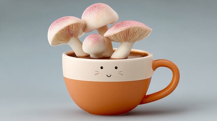 Cup with mushrooms on it. The mushrooms are smiling. The cup is orange