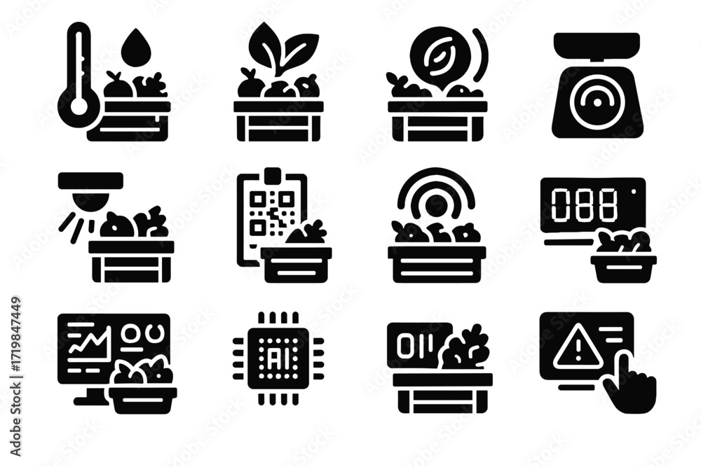 Poster icons icon temperature bio ai vector crate log tracking sensor weight qr