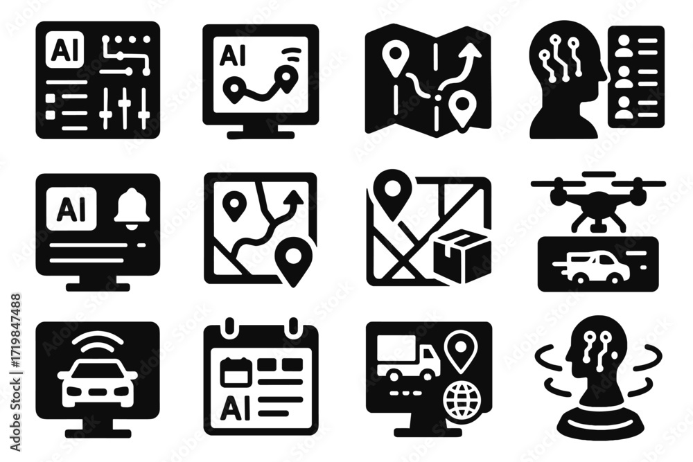 Poster scheduling icon dispatcher vector routing screen ai panel vehicle order logistics interface
