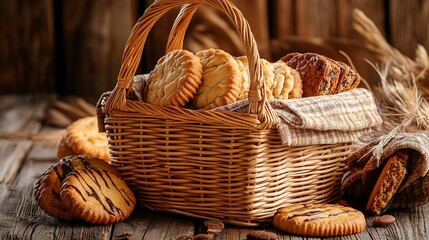 A woven basket filled with various cookies, resting on a wooden surface, surrounded by a rustic setting that enhances the cozy, homemade feel.