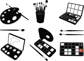 Art palette brushes paint box, watercolor set illustration, creative painting supplies design, school drawing kit, office stationery, artistic tools collection