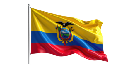 Detailed, digitally rendered image of the waving Ecuadorian flag against a black background.