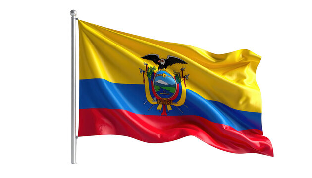Detailed, digitally rendered image of the waving Ecuadorian flag against a black background.