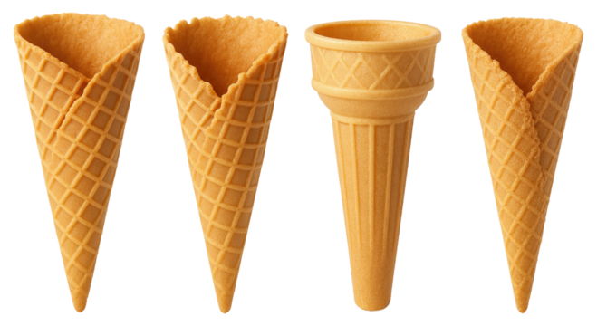 Four assorted ice cream cones on a white background waffle cones sugar cones isolated on a transparent background