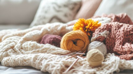 Cozy Knitted Blanket with Yarns and Flowers