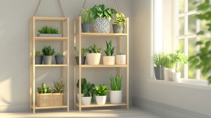 Indoor plant shelves, sunlight, modern decor