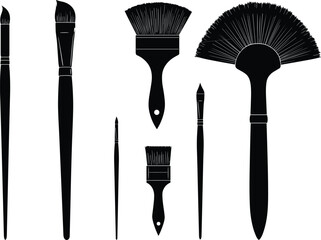 Silhouette paint brushes set, artistic tools collection, vector illustration, creative art equipment, professional painting supplies, design elements for artists, drawing accessories