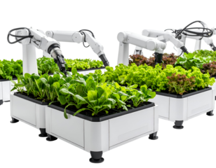 Advanced robotic systems cultivating fresh greens in automated hydroponic garden beds for sustainable farming