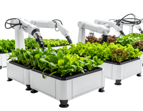 Advanced robotic systems cultivating fresh greens in automated hydroponic garden beds for sustainable farming