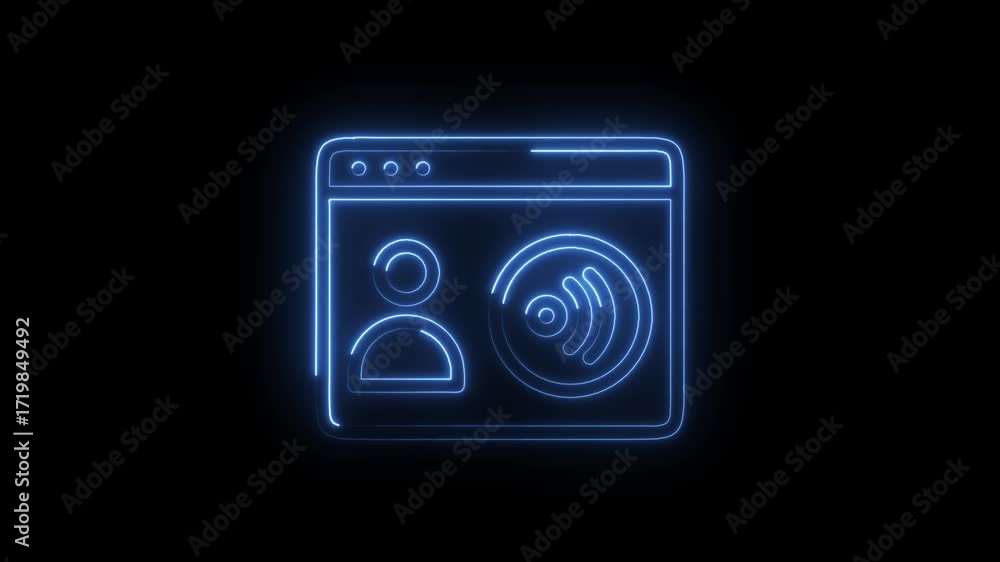 Poster glowing neon style interface with profile and podcast icon for app and web design