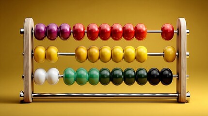 Colorful Wooden Abacus with Metal Rods and Multicolored Beads on Yellow Background for Math Education and Teaching Aid