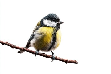 Fototapeta premium Small Yellow and Black Chickadee Bird Perched on Thin Branch Isolated on White Background