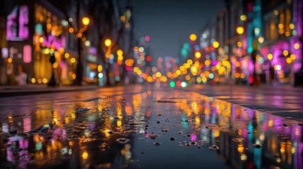 Wet City Street Reflecting Colorful Bokeh Lights at Night asphalt - Powered by Adobe