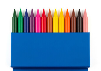Box of colorful crayons isolated on white background