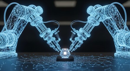 Futuristic robotic arms assemble glowing geometric object in advanced technology manufacturing