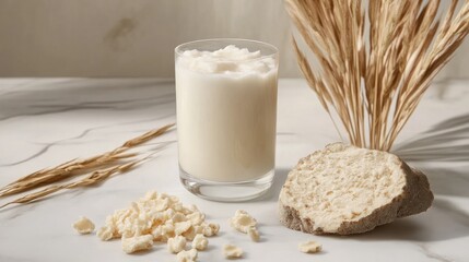 Creamy white smoothie with wholesome snacks