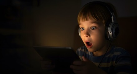 Wide-eyed Child with Headphones Watching Something on a Tablet in the Dark