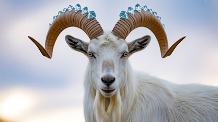 Obraz premium Majestic white goat with large, curved horns adorned with blue crystals, standing against a soft, blurred sky background